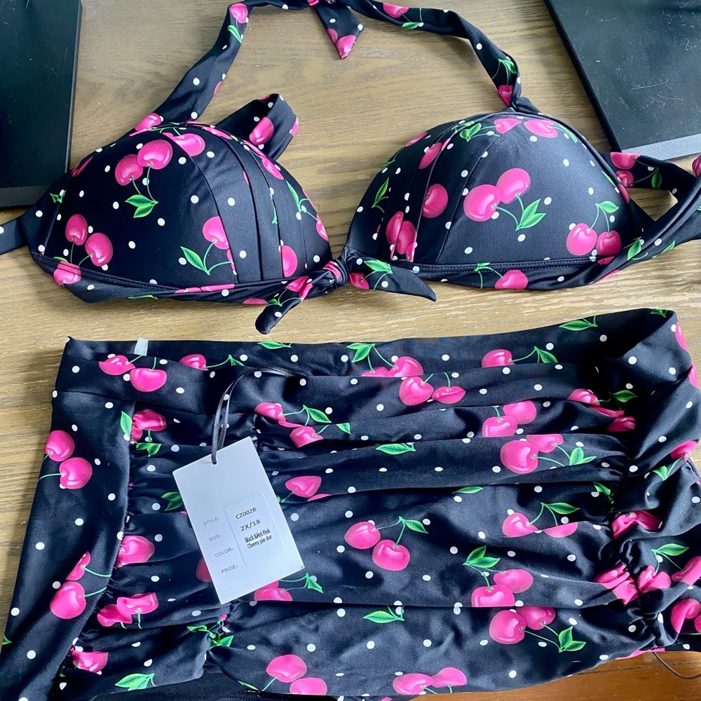 Unique Vintage Black Bikini Set with Pink Cherry Print